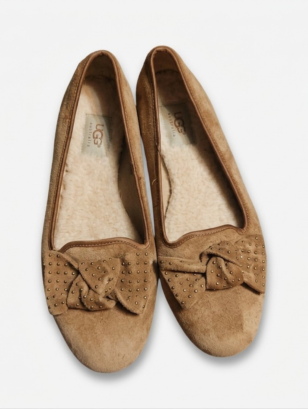 UGG Women's Caramel Suede Leather Ballet Flats with Studded Bow